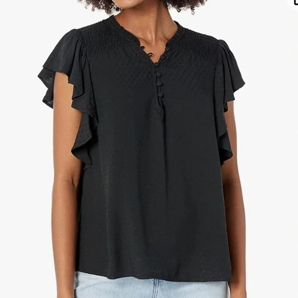 PAIGE Women's Dewan Top Flutter Sleeve Cascading Ruffles Diamond Pattern in Back - Picture 1 of 9